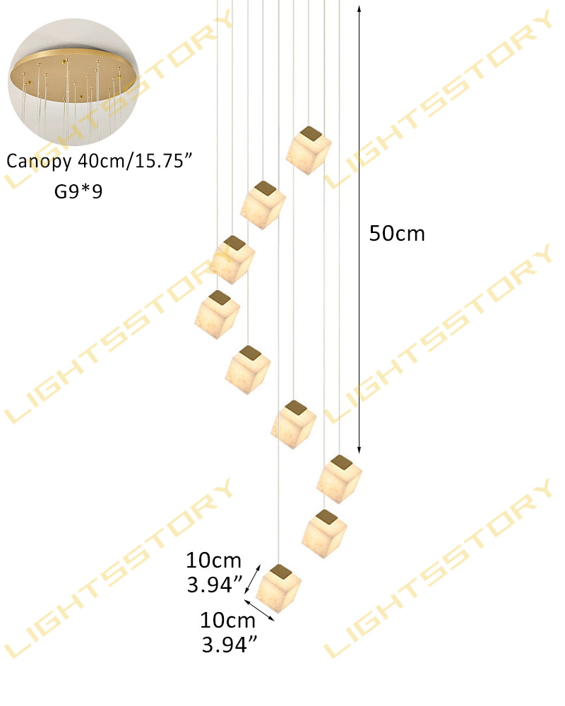 Alabaster Cube Cluster Sculptural Pendant Light - Natural Spanish Alabaster, Lux Gold Trim - Lobby, Foyer, Stairwells and High Ceilings