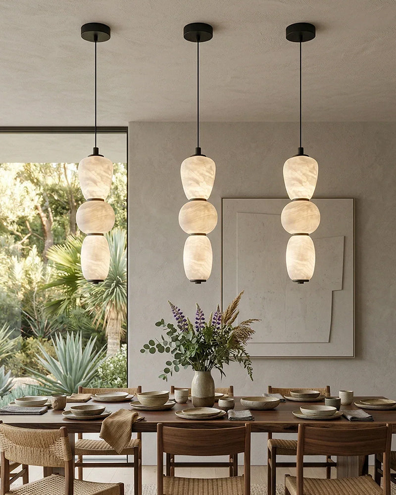Alabaster Linear Totem Pendant Light - Natural Spanish Alabaster, Serene Matte Trim - Kitchen Islands & Dining Rooms