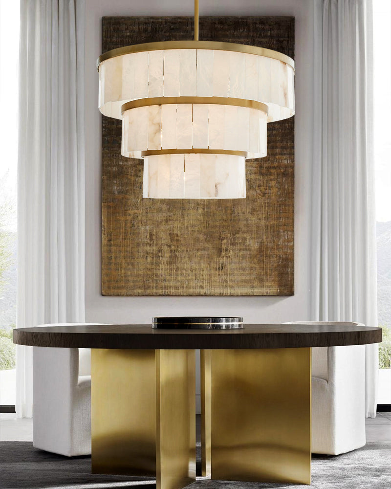 Handcrafted Windham Alabaster Tier Round Chandelier In Brass/Black Finish