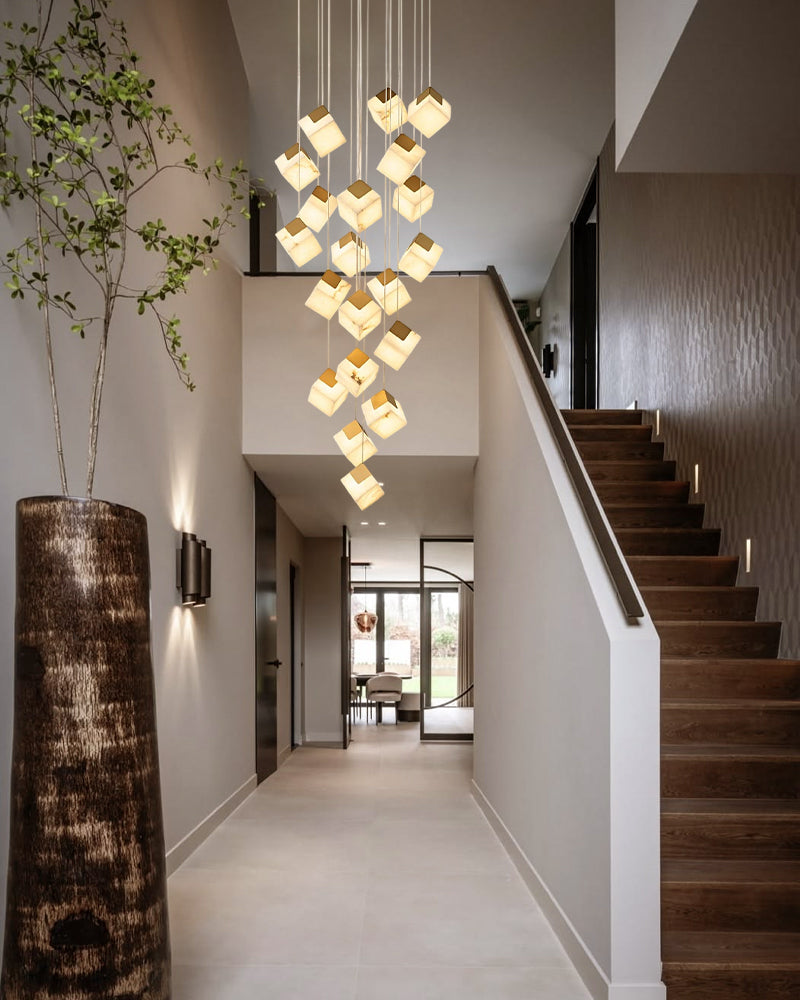 Alabaster Cube Cluster Sculptural Pendant Light - Natural Spanish Alabaster, Lux Gold Trim - Lobby, Foyer, Stairwells and High Ceilings