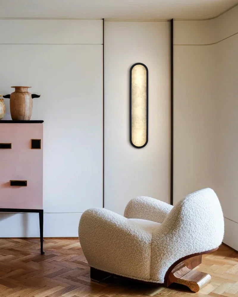 LightsStory Series Geometric Wall Sconce | Long Oval Natural Alabaster shade with durable iron framework, Black Brass finish for Dining rooms, bedrooms, and living areas Modern Art Design Wall Lamp