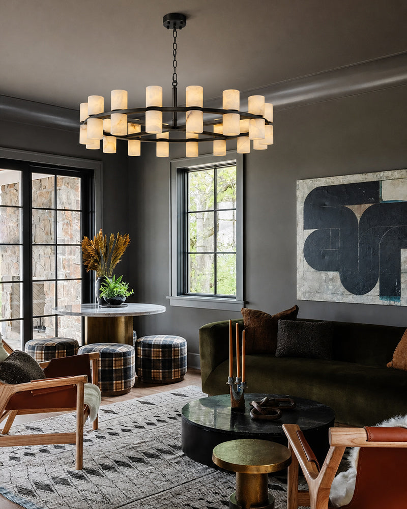 Alabaster Dual Candle Halo Ring Candelabra Chandelier- Natural Spanish Alabaster, Heritage Brass Trim - Living Rooms, Dining Rooms, Lobby, Stairwells