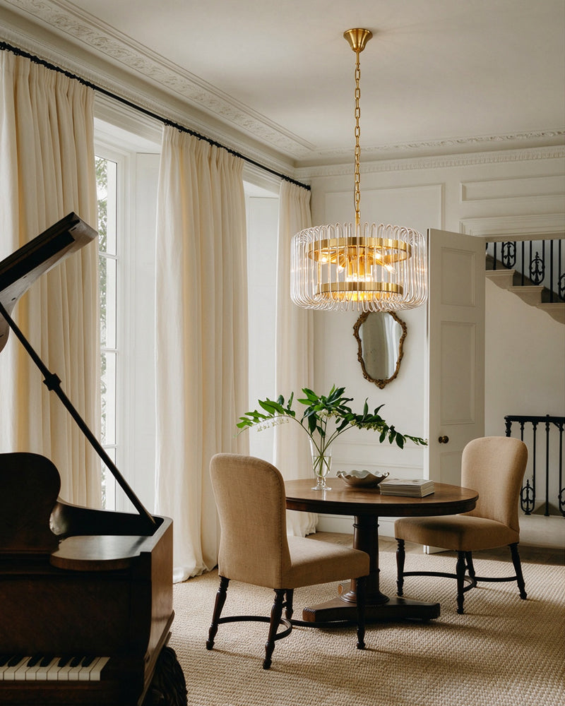 Solstice Aura Fluted Glass Round Drum Pendant Light - Lux Gold Trim - Living Rooms & Dining Rooms