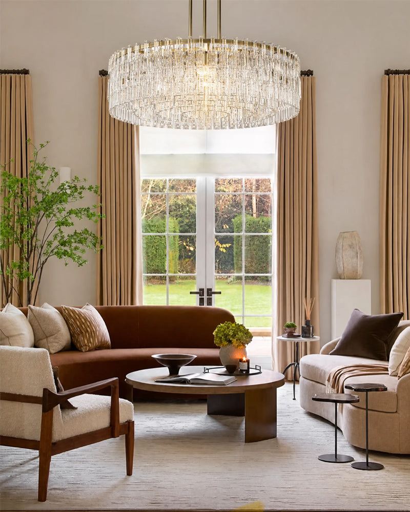 Montreux K9 Crystal Swirl Multi Tiered Glass Prism Halo Drum Chandelier - K9 Crystal, Lux Gold Trim - Living Rooms, Bedrooms, Dining Rooms