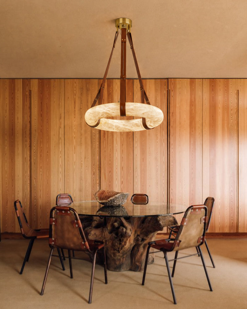 Alabaster Torus Halo Ring Leather Strap Canopy Pendant Light - Natural Spanish Alabaster, Organic Leather Trim - Kitchens, Dining & Living Rooms