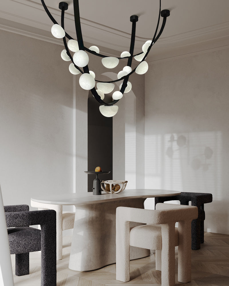 Leather pendant lamps with semicircular marble diffusers on a U-shaped strip metal base