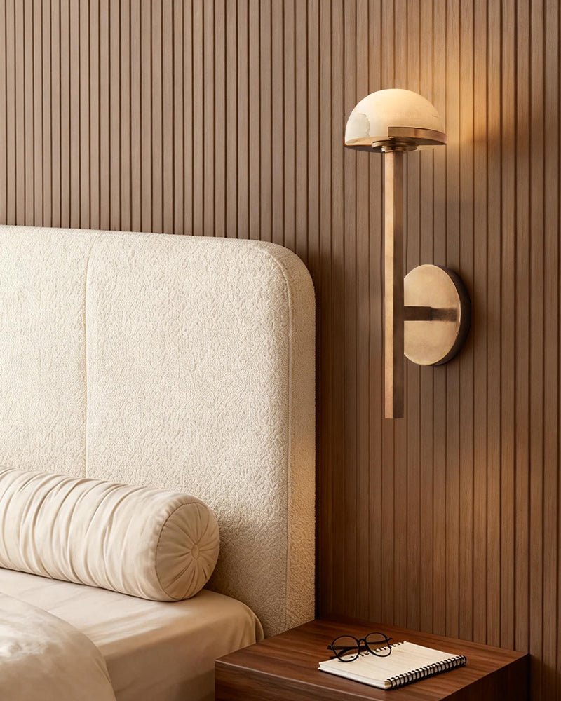 Comporta Series Geometric Wall Sconce | Sculptural Two-Tier Hand-Carved Natural Alabaster, Brass and Black finish for Living Rooms, Hallways, and Bedside Suites Flush Mounted Wall Sconce Lamp