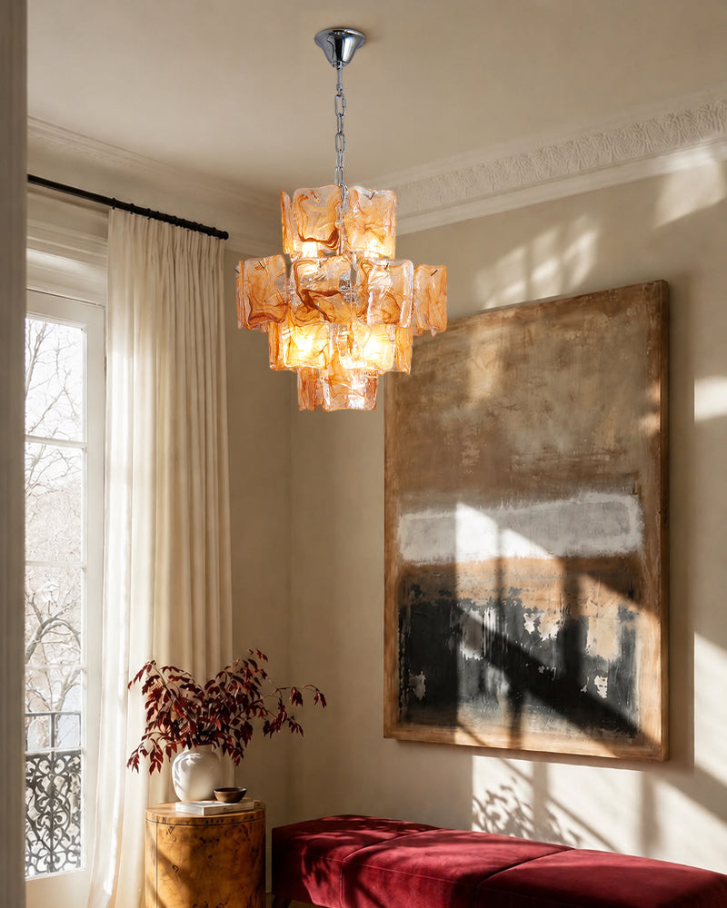 Murano Glass Amber Glow Circular Prism Multi Tiered Waterfall Chandelier - Handblown Glass, Brass Trim - Living Rooms, Dining Rooms & Bedrooms