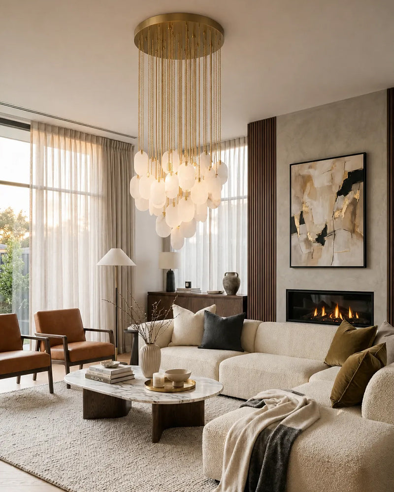 Fenwich Alabaster Gold Tag Cluster Pendant Light - Natural Spanish Alabaster Panels, Lux Gold Trim - Dining Rooms & Living Rooms