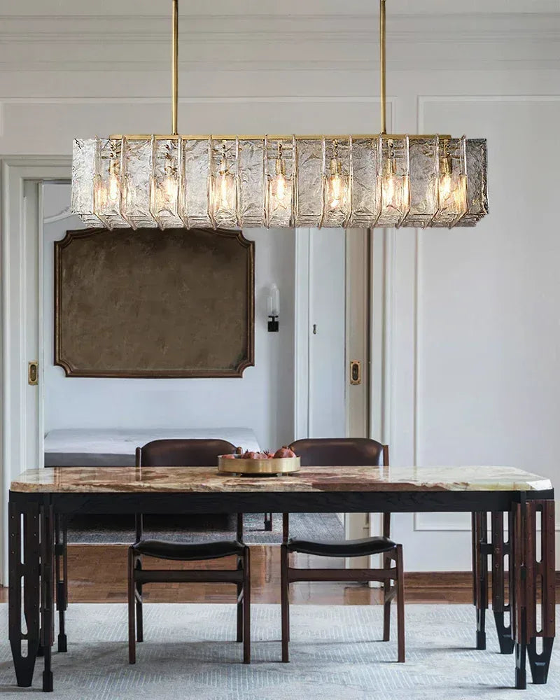 Gordes Series Architectural Chandelier | Interlocking Planes Corrugated sculptural glass, Transparent and smoky glass finish for Entryways, dining areas, and lofts American Vintage chandelier lamp
