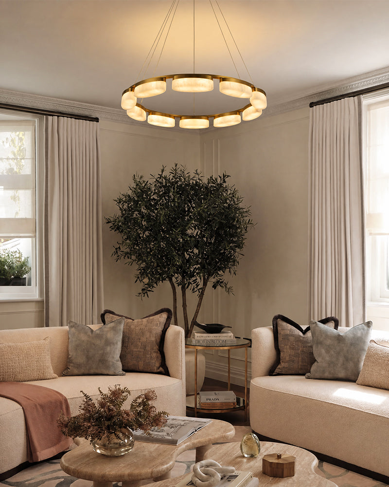 Alabaster Concentric Ring Disc Swirl Circular Pendant Light - Natural Spanish Alabaster, Lux Brass Trim - Kitchens, Dining & Living Rooms