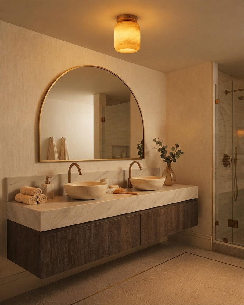 Alabaster Cylinder Ceiling Light - Natural Spanish Alabaster, Flush Mount, Heritage Brass Trim - Bedrooms, Hallways, Bathrooms & Living Rooms