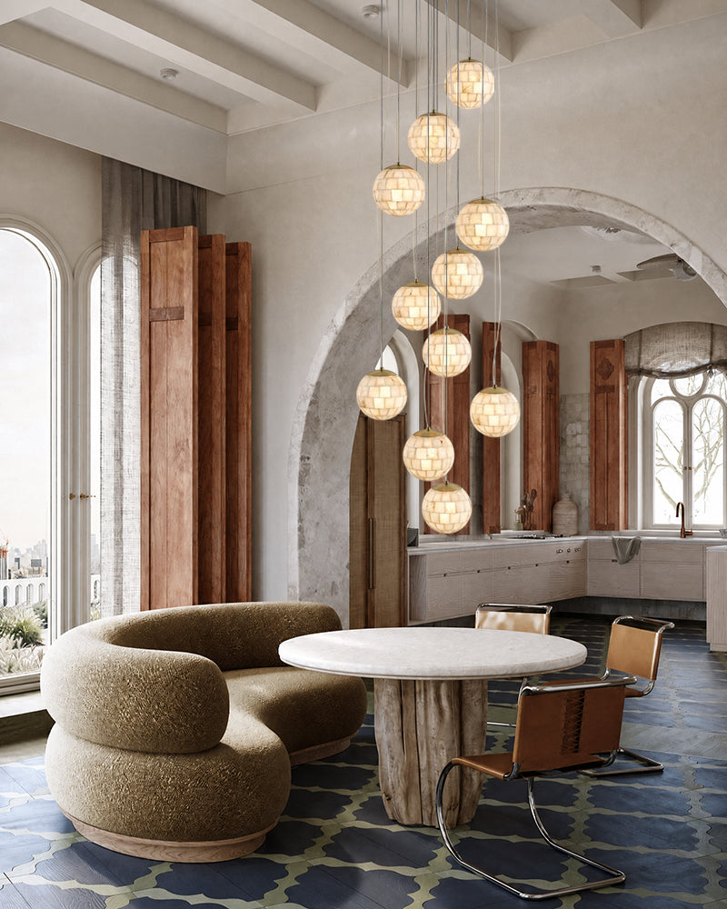 Alabaster Cascading Shell Globe Multi Ball Pendant Light - Natural Spanish Alabaster Spheres, Lux Gold Trim - Kitchens, Dining & Living Rooms