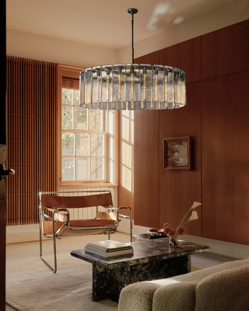Calamette Clear Glass Round Chandelier Indoor Lighting Wide 36" 48" 60" Lacquered Burnished Brass/Black