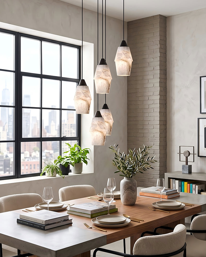 Alabaster Sculptural Faceted Alabaster Cluster Pendant Light - Natural Spanish Alabaster, Custom, Serene Black Trim - Kitchens, Dining & Living Rooms