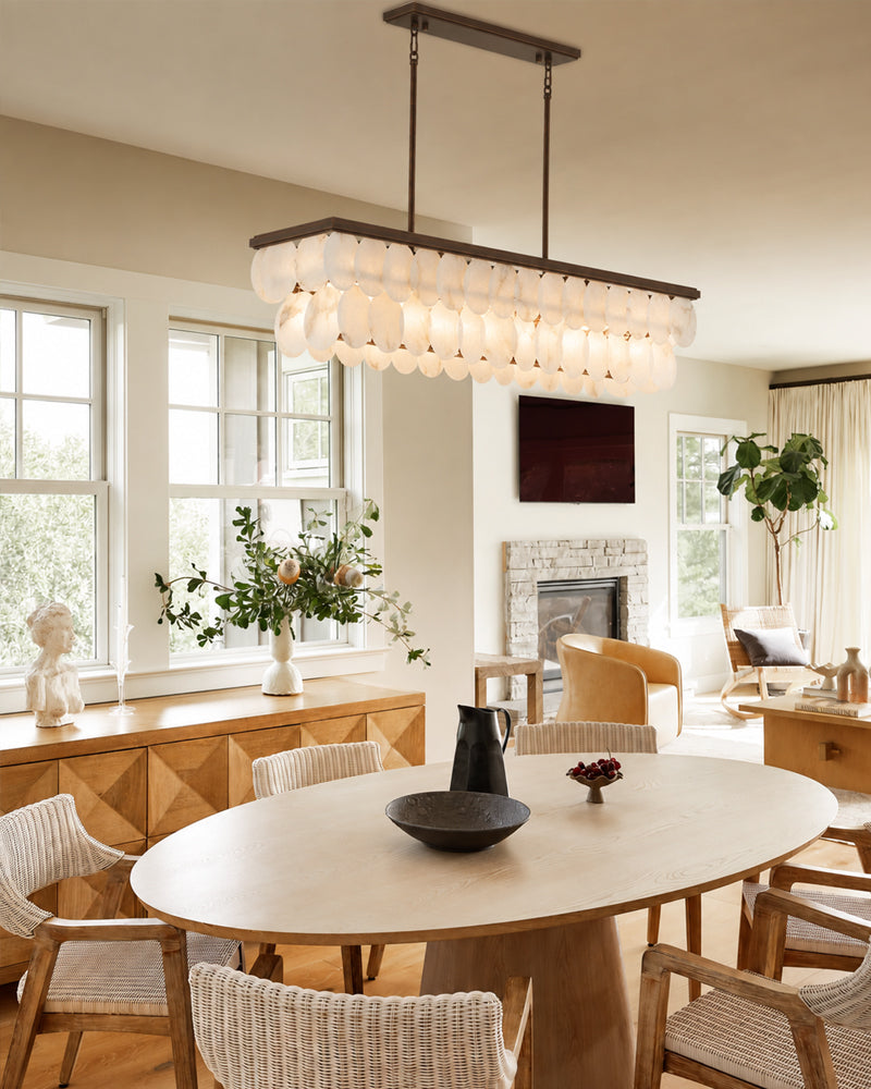 Alabaster Concentric Ring Disc Linear Kitchen Island Chandelier - Natural Spanish Alabaster, Heritage Brass Trim - Kitchen Islands & Dining Rooms