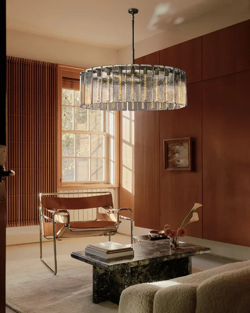 Winchester Series Geometric Chandelier | Round Handcrafted Rippled Cast Glass Panels, Lacquered Burnished Brass and Black for Modern Dining Rooms and Living Spaces American chandelier