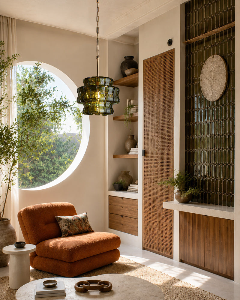 Brina Ghiaccio Murano Smoked Green Glass Lantern Drum Pendant Light - Textured Ice Glass, Lux Gold Trim - Kitchens, Dining Rooms & Living Rooms