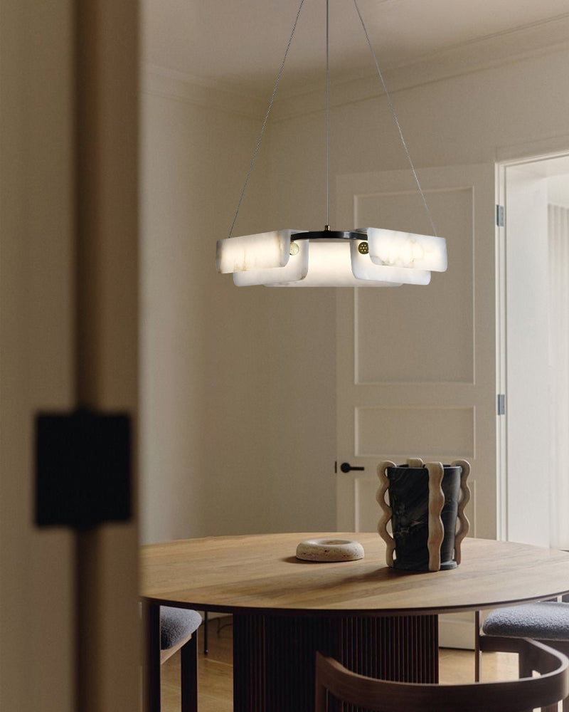 Organic Alabaster Linear Pendant Lightiing with Black Metal Frame for Kitchen Island