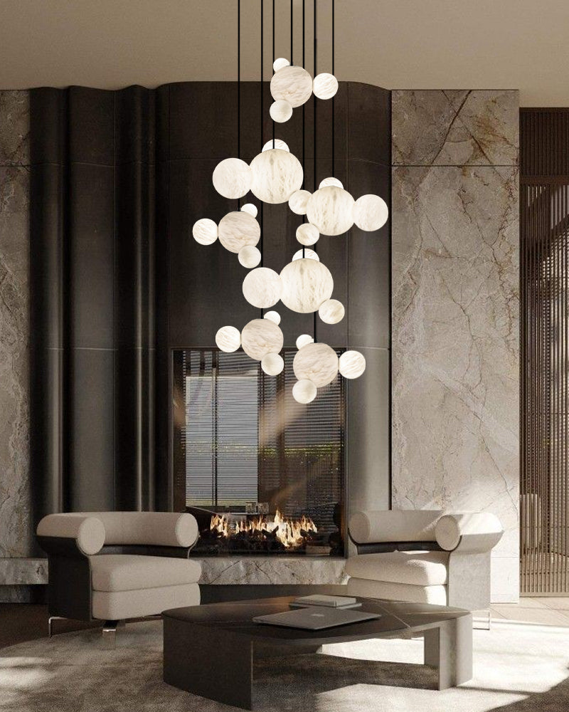 Cluster Alabaster Pendant Lamp with four different sizes of marble ball neatly supported on metal pole