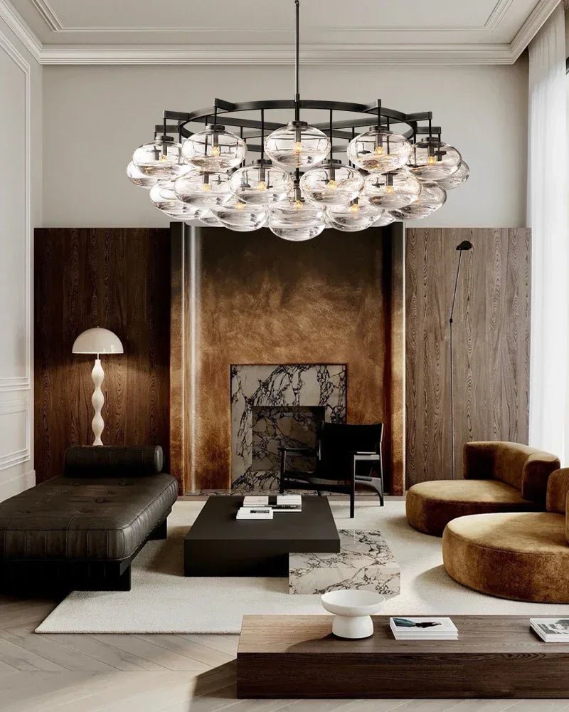 Vence Series Geometric Chandelier | Rectangular Clear Glass Shades with Freeform Cords, Polished Black Canopy for Dining Tables and Kitchen Islands American Vintage chandelier lamp