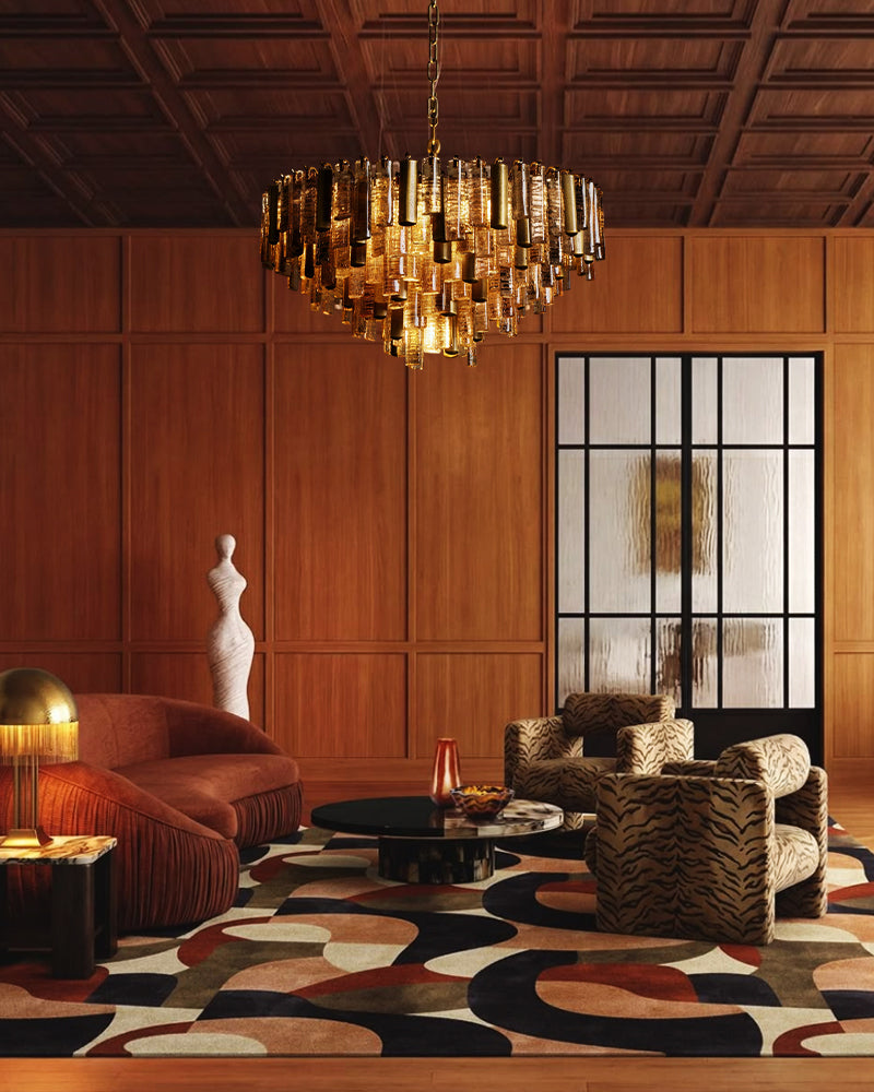 Round multi-tier crystal prism chandelier with brass finish and hanging prisms