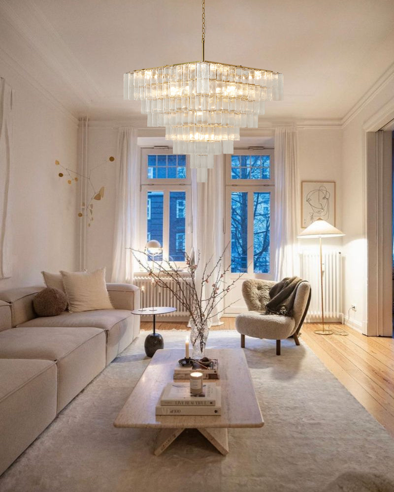 Parisian Cascading Waterfall Crystal Clear Glass Prism Chandelier - Textured Glass, Lux Gold Trim - Living Rooms, Bedrooms, Dining Rooms