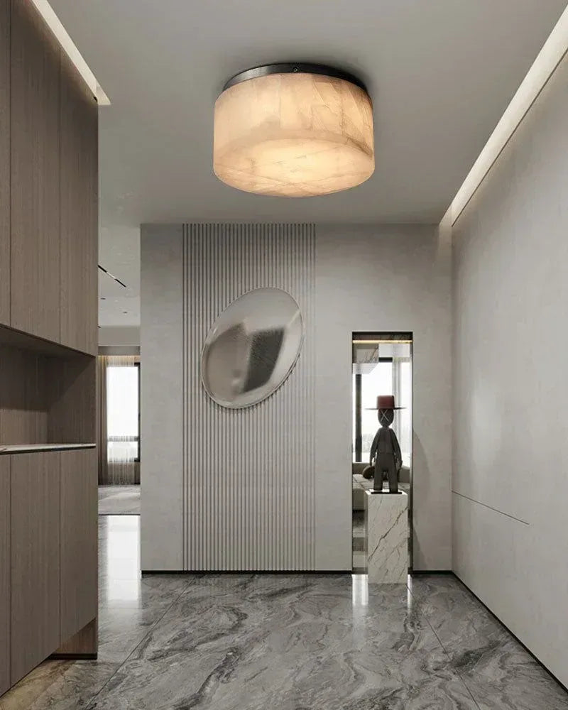 LightsStory Series Geometric Flush Mount Ceiling Light | Square Alabaster Translucent calcite alabaster stone with copper metal frame, Polished Brass finish for Bedrooms, corridors, and living rooms Modern Ceiling lamp