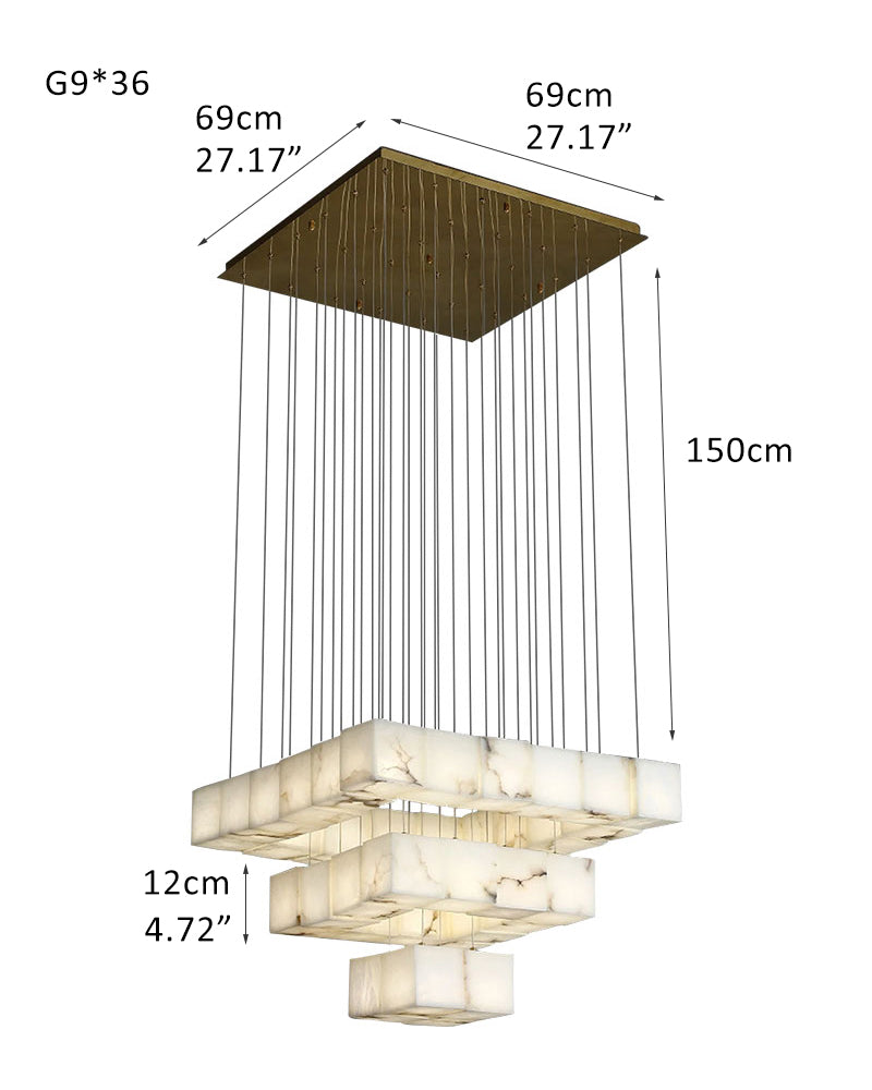 Square white alabaster chandelier with five cube lights, dimensions 69cm x 69cm, 150cm height.