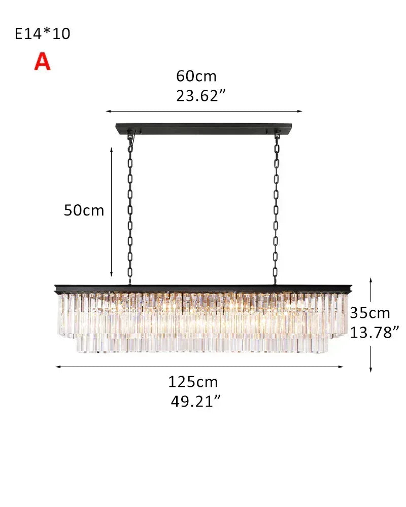 LightsStory Series Prismatic Chandelier | Rectangular Multi-Crystal Brushed matte black or gold iron frame with multi-crystal droplets, Brushed Matte Black or Luxe Gold for Kitchen Islands, Dining Rooms, and Grand Foyers 2-tier-L125*W35CM L49.21“*H13.78"-A Black American Vintage chandelier lamp