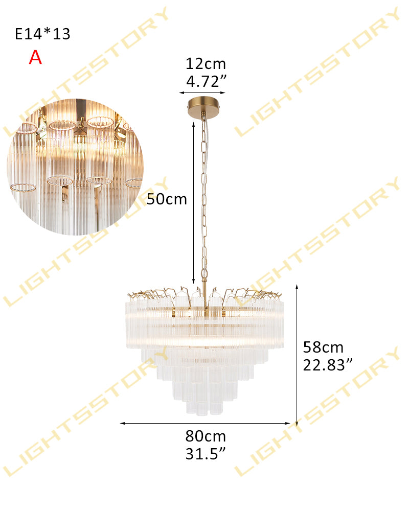Glass Multi Tiered Fluted Glass Prism Waterfall Chandelier - Crystal Clear Glass, Lux Gold Trim - Living Rooms, Bedrooms, Dining Rooms