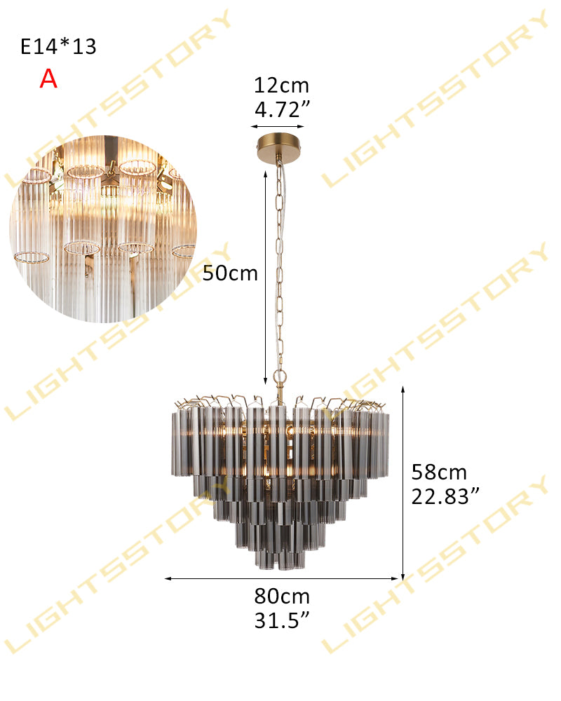 Smoked Fluted Glass Multi Tiered Prism Chandelier - Concentric Glass Tiers, Lux Brass Trim - Living Rooms, Bedrooms, Dining Rooms