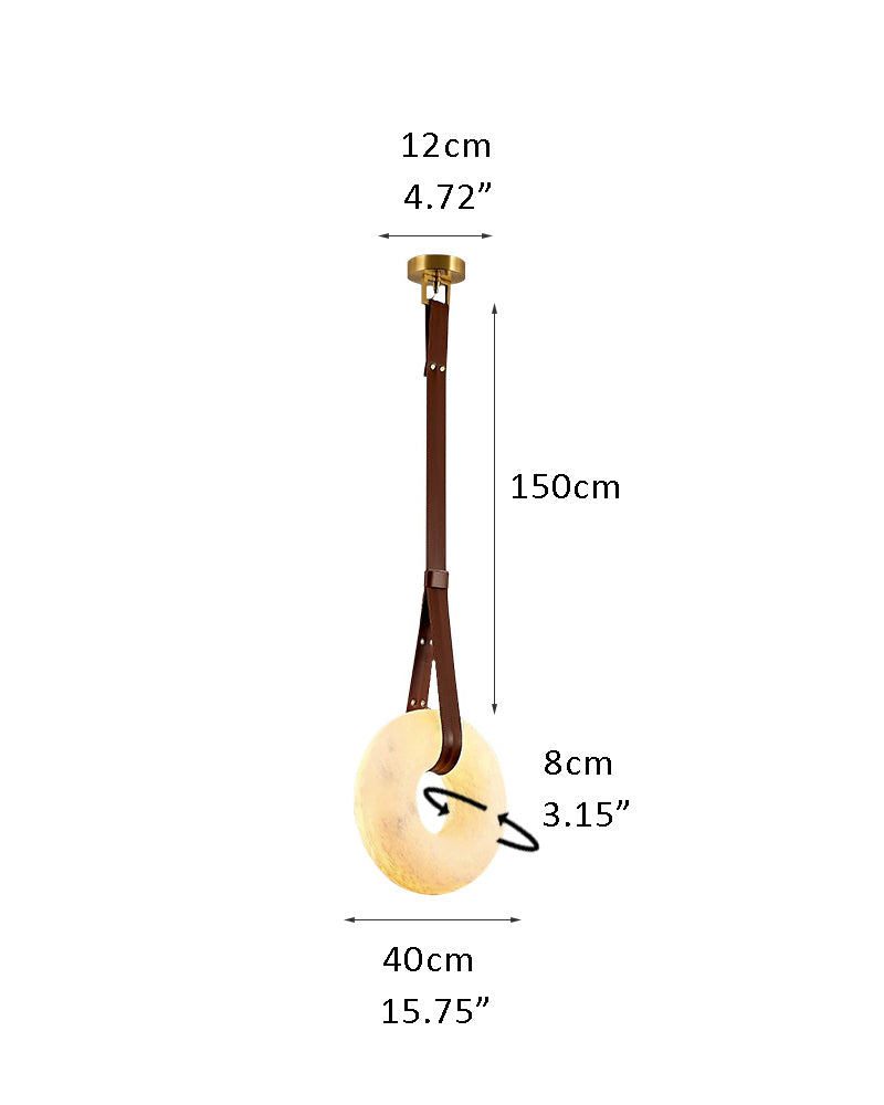 Dimensions of modern rectangular alabaster LED pendant lamp with leather strap.