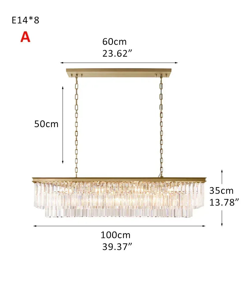LightsStory Series Prismatic Chandelier | Linear Multi-Crystal Multi-crystal droplets with iron frame, Brushed Gold for Dining rooms, entries, and living areas 2-tier-L100*W35CM L39.37“*H13.78"-A Gold American Vintage chandelier lamp
