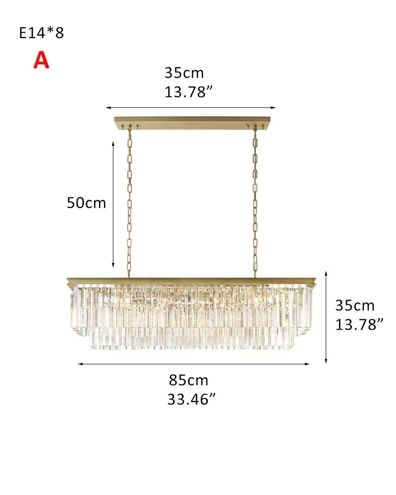 LightsStory Series Prismatic Chandelier | Rectangular Multi-Crystal Brushed matte black or gold iron frame with multi-crystal droplets, Brushed Matte Black or Luxe Gold for Kitchen Islands, Dining Rooms, and Grand Foyers 2-tier-L85*W35CM L33.46“*H13.78"-A Gold American Vintage chandelier lamp