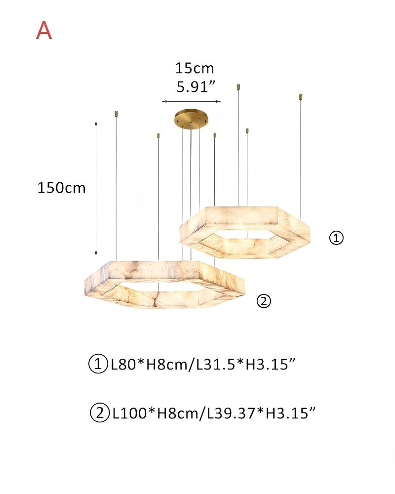 LED Hexagon Square Alabaster Pendant Lamp Gold Stainless Ceiling | Double/Triple Ring Design L80+L100CM L31.5“+L39.37"-A White + Gold Vintage Simple Pendant Lamp