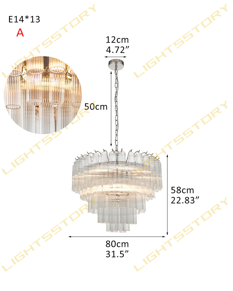 Glass Multi Tiered Fluted Glass Prism Waterfall Chandelier - Crystal Clear Glass, Lux Gold Trim - Living Rooms, Bedrooms, Dining Rooms