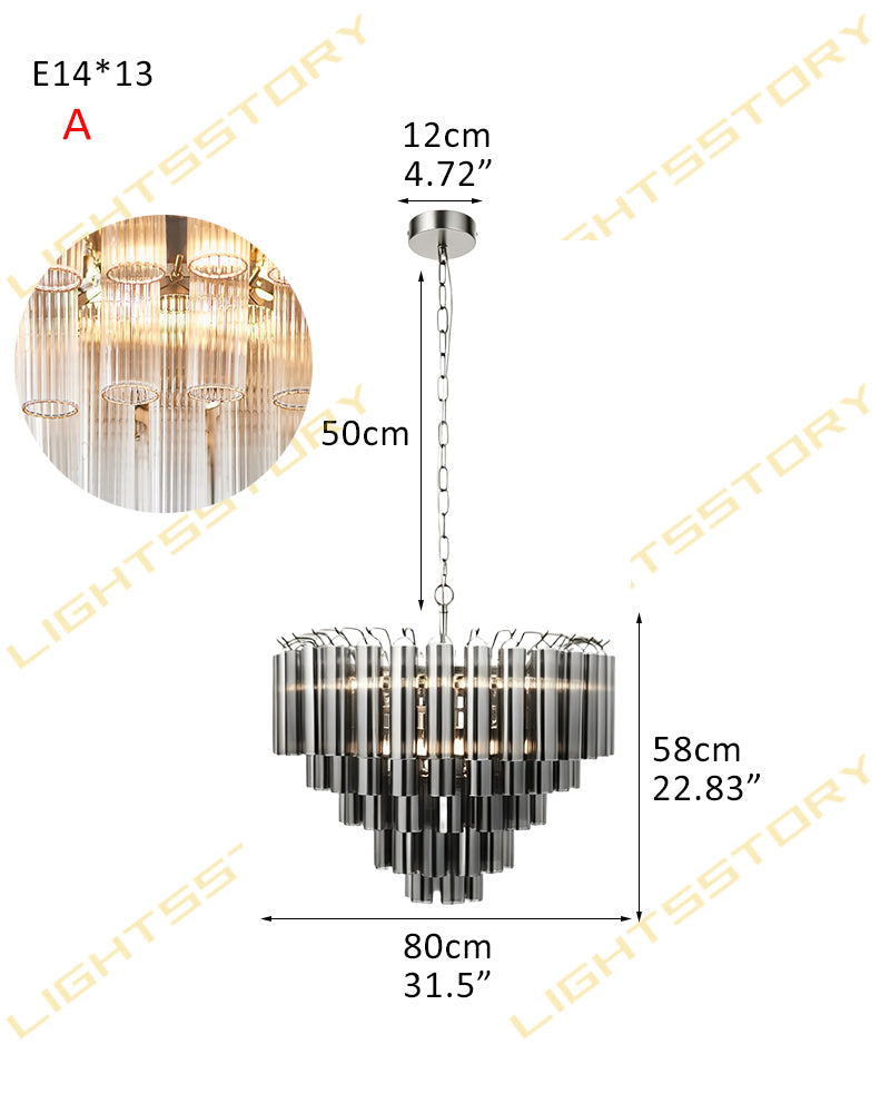 Smoked Fluted Glass Multi Tiered Prism Chandelier - Concentric Glass Tiers, Lux Brass Trim - Living Rooms, Bedrooms, Dining Rooms