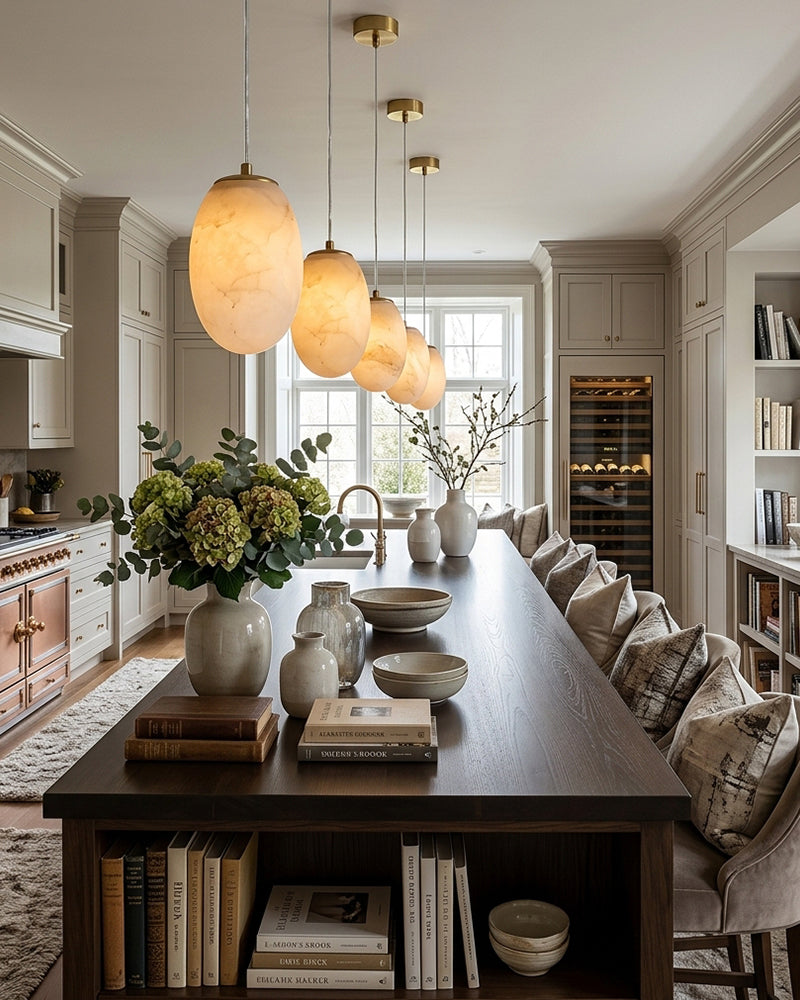 Alabaster Pebble Orb Lantern Pendant Light - Natural Spanish Alabaster, Lux Gold Trim - Hallways, Living Room & Dining Room
