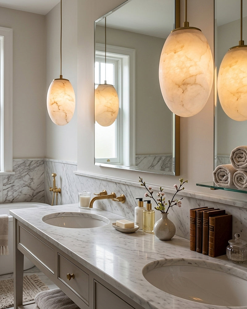 Alabaster Pebble Orb Lantern Pendant Light - Natural Spanish Alabaster, Lux Gold Trim - Hallways, Living Room & Dining Room