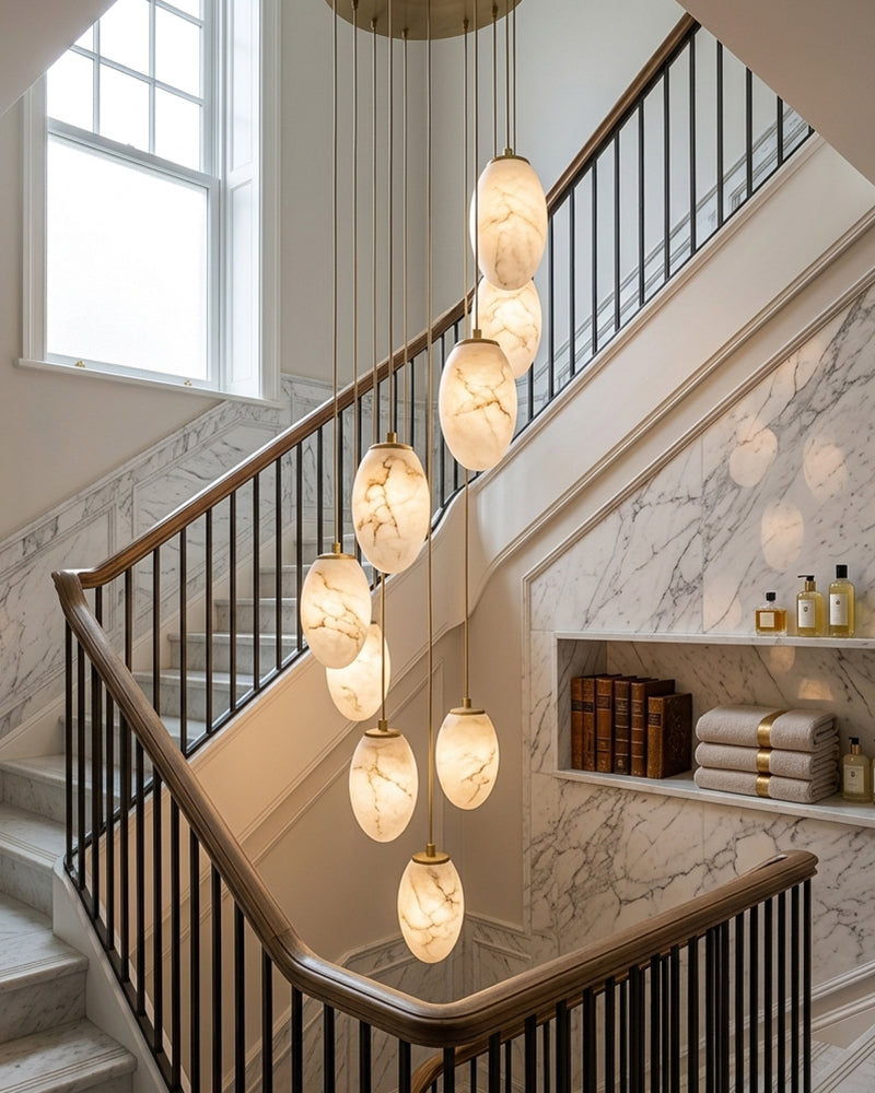 Alabaster Pebble Orb Lantern Pendant Light - Natural Spanish Alabaster, Lux Gold Trim - Hallways, Living Room & Dining Room