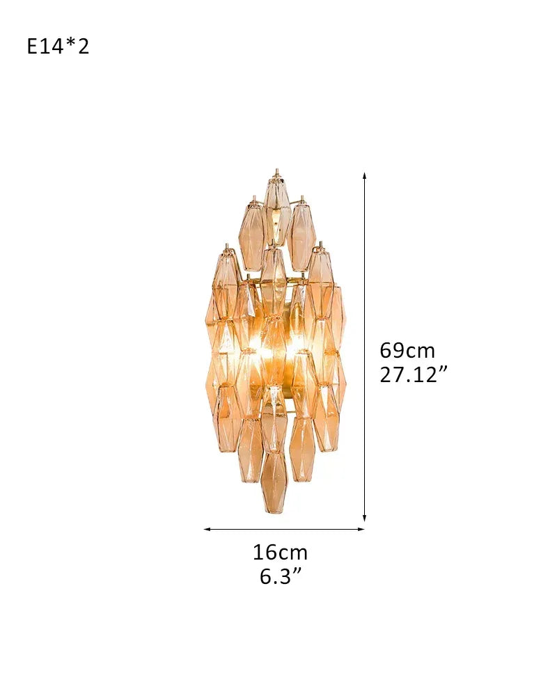 LightsStory Series Cascading Wall Sconce | Tiered Handblown Glass Handblown glass polyhedrons on a tiered steel frame, Multicolor Blown Glass Options for Eclectic living spaces and modern entryways D16*W29*H69CM D6"*W11"*H27" Amber American Vintage chandelier lamp