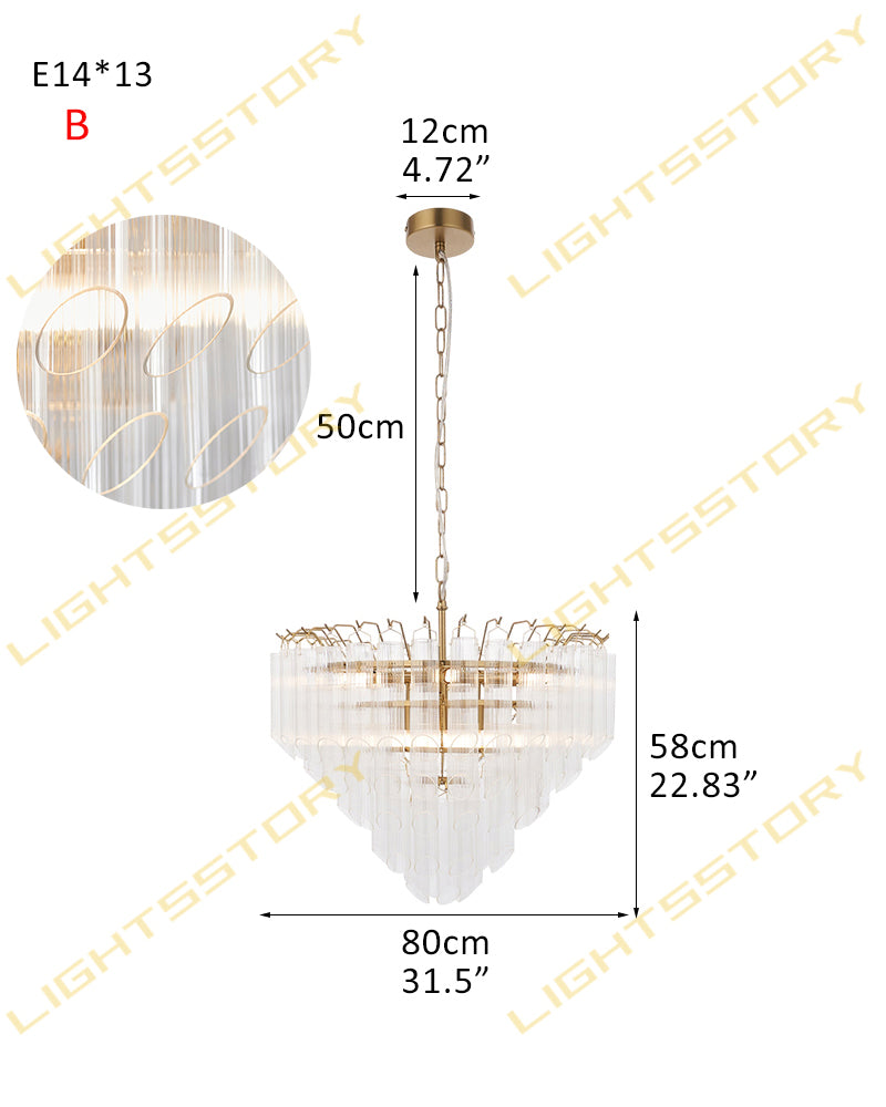 Glass Multi Tiered Fluted Glass Prism Waterfall Chandelier - Crystal Clear Glass, Lux Gold Trim - Living Rooms, Bedrooms, Dining Rooms