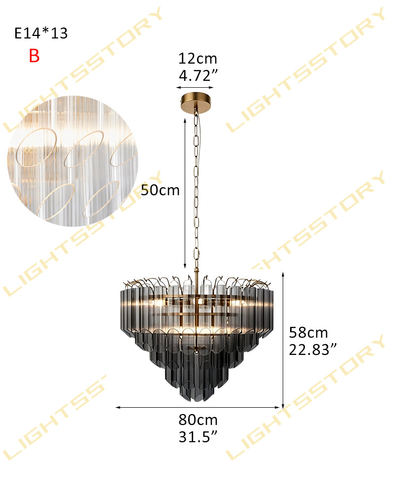 Smoked Fluted Glass Multi Tiered Prism Chandelier - Concentric Glass Tiers, Lux Brass Trim - Living Rooms, Bedrooms, Dining Rooms
