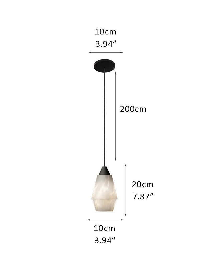 Small alabaster pendant lamp with dimensions 10cm width, 20cm height, 200cm cord