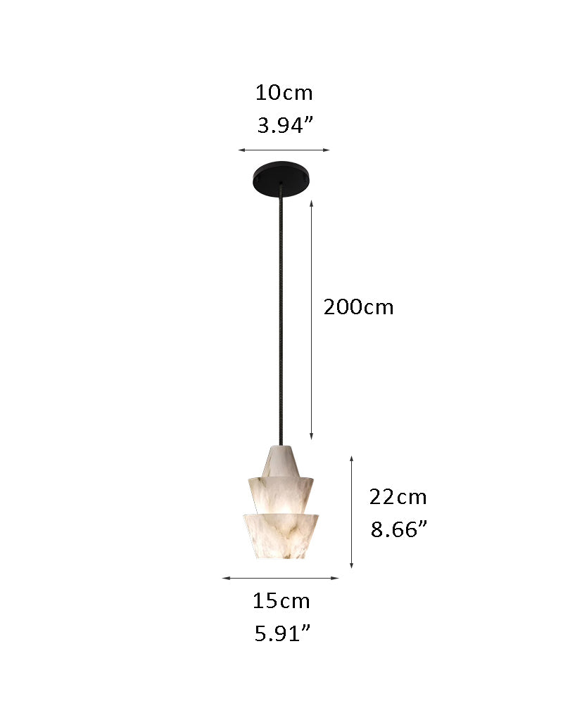 LED alabaster pendant lamp with dimensions: 10cm width, 15cm depth, 22cm height.