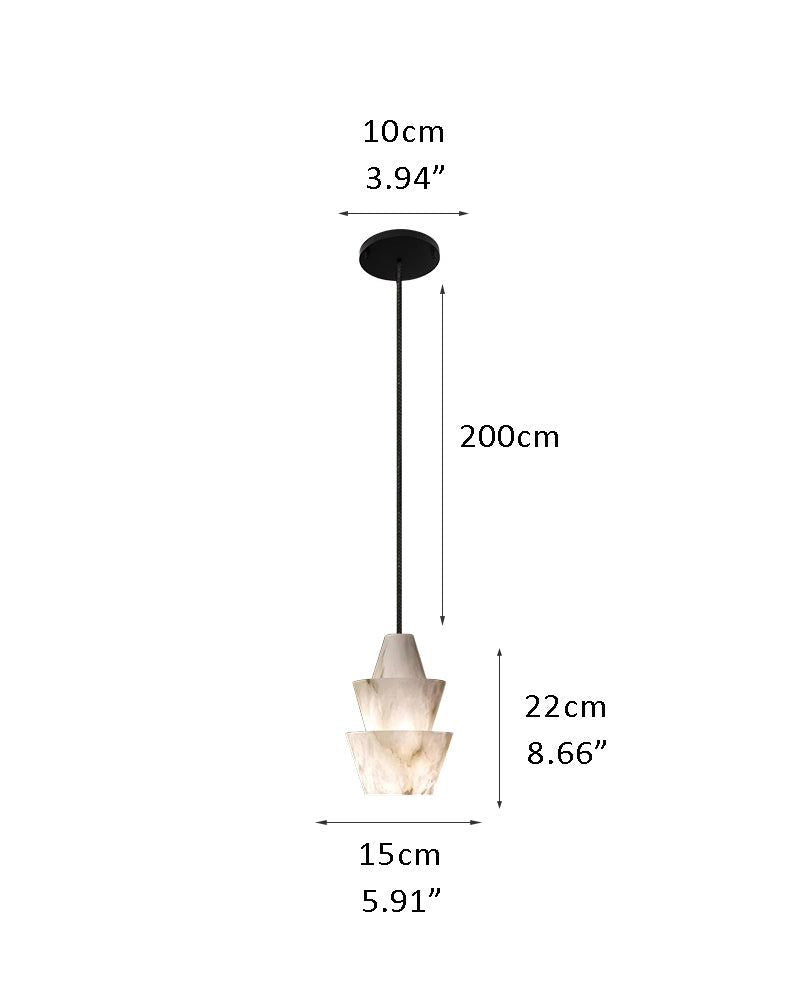 LED alabaster pendant lamp with dimensions: 10cm width, 15cm depth, 22cm height.