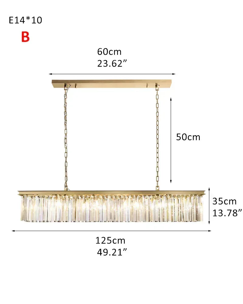 LightsStory Series Prismatic Chandelier | Linear Multi-Crystal Multi-crystal droplets with iron frame, Brushed Gold for Dining rooms, entries, and living areas 2-tier-L125*W35CM L49.21“*H13.78"-B Gold American Vintage chandelier lamp