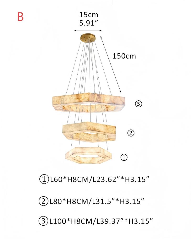 LED Hexagon Square Alabaster Pendant Lamp Gold Stainless Ceiling | Double/Triple Ring Design L60+L80+L100CM L23.62“+L31.5“+L39.37"-B White + Gold Vintage Simple Pendant Lamp