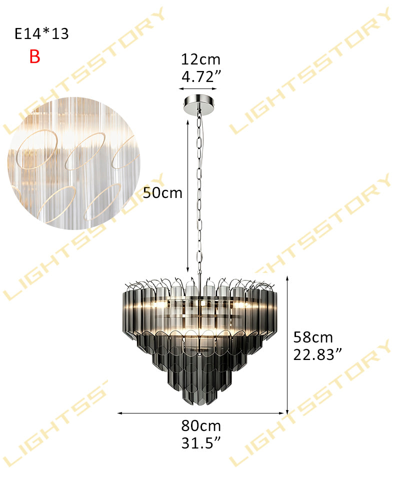 Smoked Fluted Glass Multi Tiered Prism Chandelier - Concentric Glass Tiers, Lux Brass Trim - Living Rooms, Bedrooms, Dining Rooms